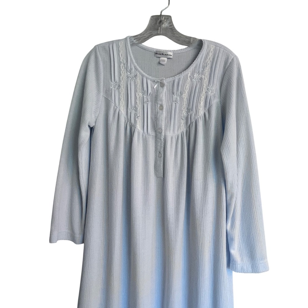 Miss Elaine Pale Blue Ribbed Embroidered Nightgown Long Slv Lace Trim Sz Small